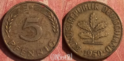 Германия 5 пфеннигов 1950 года D, KM# 107, 388n-103