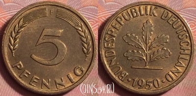 Германия 5 пфеннигов 1950 года F, KM# 107, 209k-076