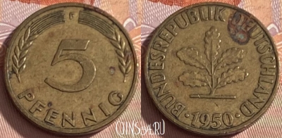 Германия 5 пфеннигов 1950 года F, KM# 107, 342p-121
