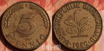 Германия 5 пфеннигов 1950 года F, KM# 107, 436-110
