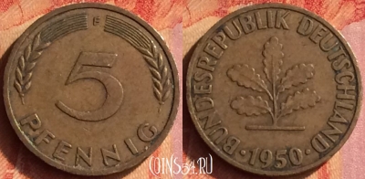 Германия 5 пфеннигов 1950 года F, KM# 107, 437o-090