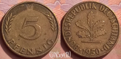 Германия 5 пфеннигов 1950 года G, KM# 107, 056l-052