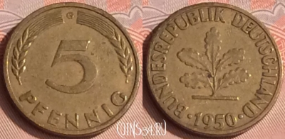 Германия 5 пфеннигов 1950 года G, KM# 107, 312o-076