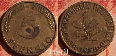 Германия 5 пфеннигов 1950 года G, KM# 107, 436-097