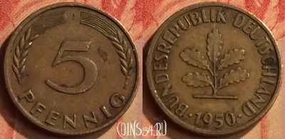 Германия 5 пфеннигов 1950 года J, KM# 107, 092n-142