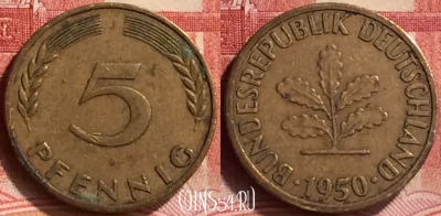 Германия 5 пфеннигов 1950 года J, KM# 107, 179m-137