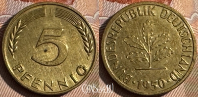 Германия 5 пфеннигов 1950 J, KM# 107, 250s-025