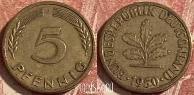 Германия 5 пфеннигов 1950 года J, KM# 107, 292p-130