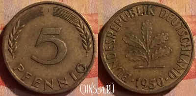 Германия 5 пфеннигов 1950 года J, KM# 107, 312n-109