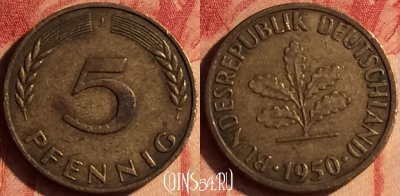 Германия 5 пфеннигов 1950 года J, KM# 107, 436-124