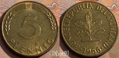 Германия 5 пфеннигов 1966 G, KM# 107, 161s-037 ♛
