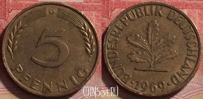Германия 5 пфеннигов 1969 года D, KM# 107, 249j-143
