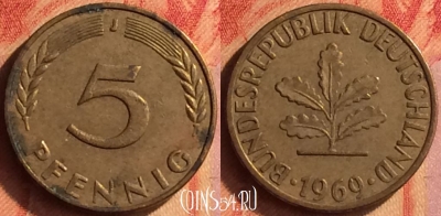 Германия 5 пфеннигов 1969 года J, KM# 107, 438o-101