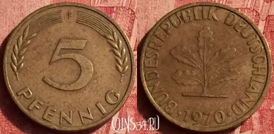 Германия 5 пфеннигов 1970 года F, KM# 107, 356o-095
