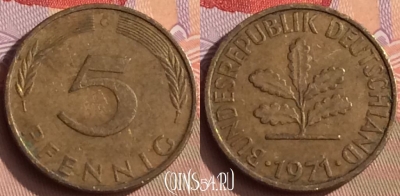 Германия 5 пфеннигов 1971 года G, KM# 107, 447-123