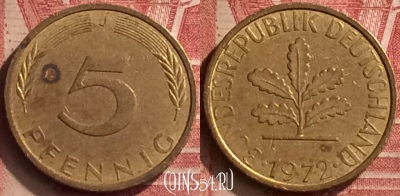 Германия 5 пфеннигов 1972 года J, KM# 107, 056n-080