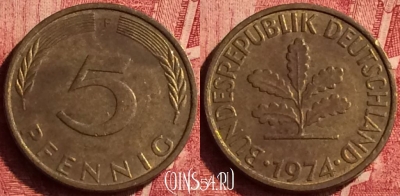 Германия 5 пфеннигов 1974 года F, KM# 107, 356o-083