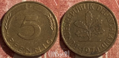 Германия 5 пфеннигов 1974 F, KM# 107, 475р-140
