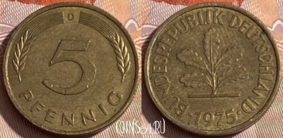 Германия 5 пфеннигов 1975 D, KM# 107, 258q-050