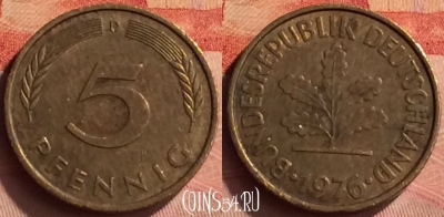 Германия 5 пфеннигов 1976 года D, KM# 107, 280n-137