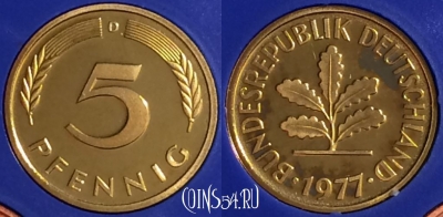 Германия 5 пфеннигов 1977 D, KM# 107, PROOF, 401o-003