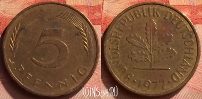 Германия 5 пфеннигов 1977 года J, KM# 107, 255n-098