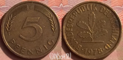 Германия 5 пфеннигов 1978 года F, KM# 107, 156m-006
