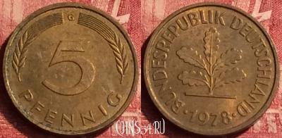 Германия 5 пфеннигов 1978 года G, KM# 107, 352o-104