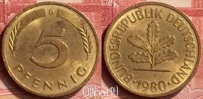 Германия 5 пфеннигов 1980 года D, KM# 107, 070m-036