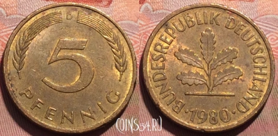 Германия 5 пфеннигов 1980 года D, KM# 107, 241a-136