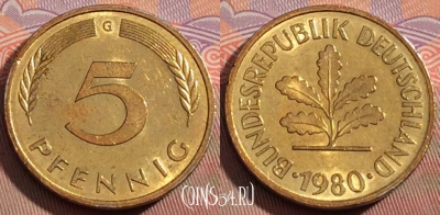 Германия 5 пфеннигов 1980 года G, KM# 107, 109a-052