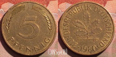 Германия 5 пфеннигов 1980 года J, KM# 107, 274a-112