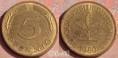 Германия 5 пфеннигов 1980 года J, KM# 107, 312o-059