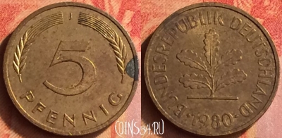 Германия 5 пфеннигов 1980 года J, KM# 107, 444o-082