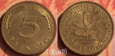 Германия 5 пфеннигов 1980 года J, KM# 107, 445o-006