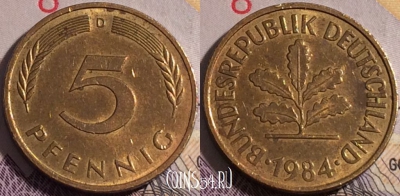 Германия 5 пфеннигов 1984 года D, KM# 107, 178a-075