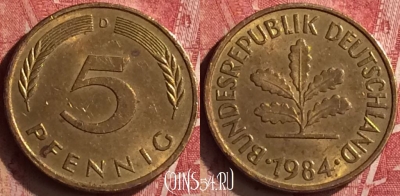 Германия 5 пфеннигов 1984 года D, KM# 107, 186n-050