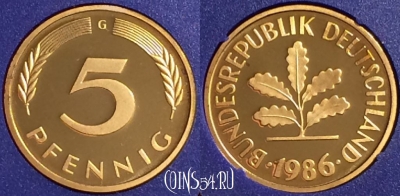 Германия 5 пфеннигов 1986 G, KM# 107, PROOF, 401o-032