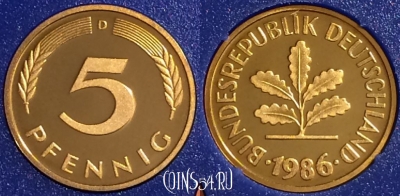Германия 5 пфеннигов 1986 D, KM# 107, PROOF, 401o-080