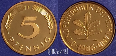 Германия 5 пфеннигов 1986 F, KM# 107, PROOF, 401o-090