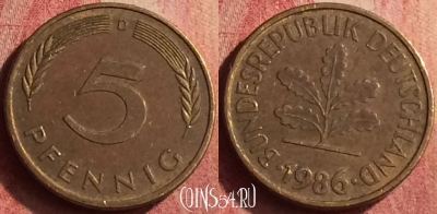 Германия 5 пфеннигов 1986 года D, KM# 107, 418n-050