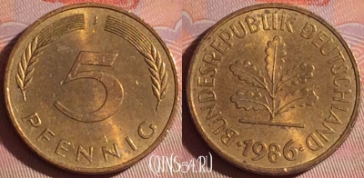 Германия 5 пфеннигов 1986 года J, KM# 107, 049i-145
