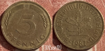 Германия 5 пфеннигов 1987 G, KM# 107, 485р-108
