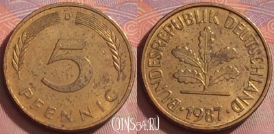 Германия 5 пфеннигов 1987 года D, KM# 107, 276k-130