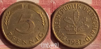 Германия 5 пфеннигов 1987 года F, KM# 107, 128m-036