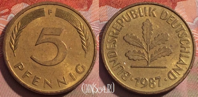 Германия 5 пфеннигов 1987 года F, KM# 107, 248a-082