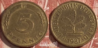 Германия 5 пфеннигов 1987 года F, KM# 107, 475r-026