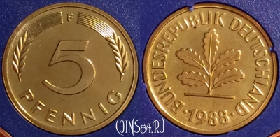 Германия 5 пфеннигов 1988 F, KM# 107, PROOF, 401o-129