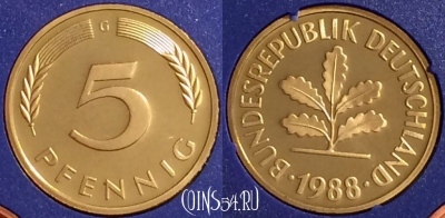 Германия 5 пфеннигов 1988 G, KM# 107, PROOF, 401o-144