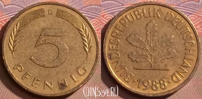 Германия 5 пфеннигов 1988 года D, KM# 107, 089l-108